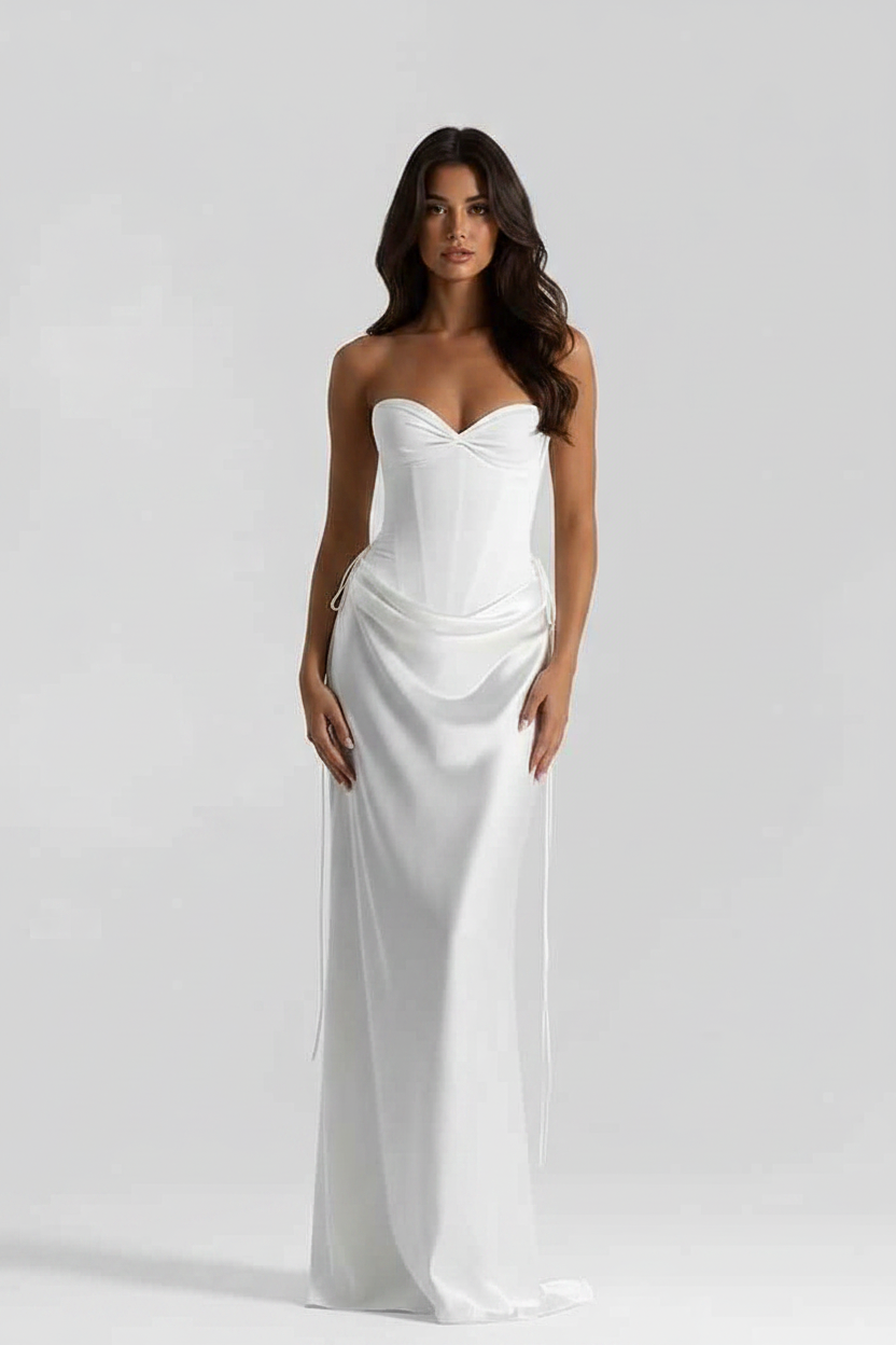Strapless Drape-Waist Satin Corset Maxi Dress, white satin, on sale
