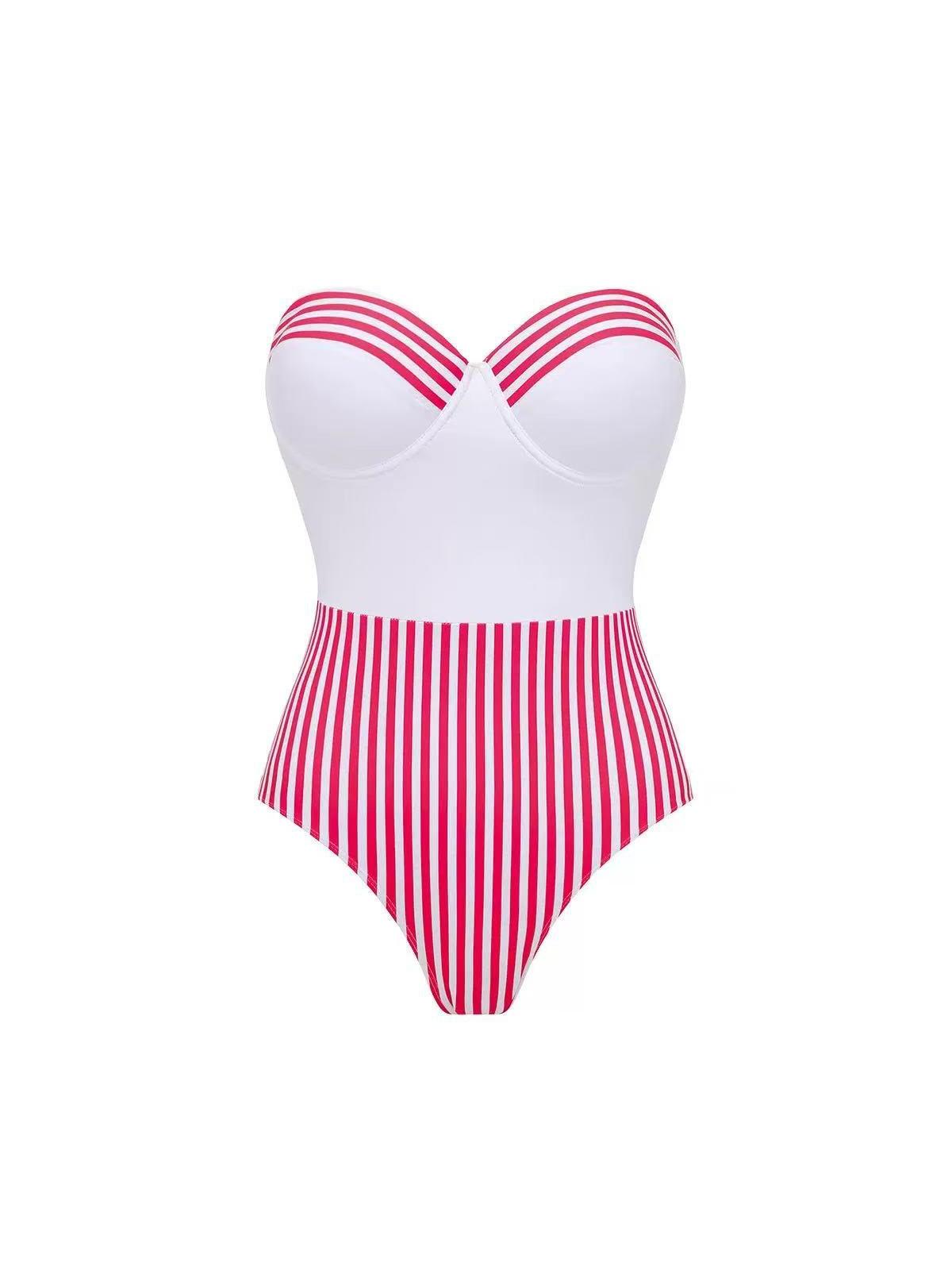 Candy Stripe One-Piece Bikini Swimsuit by Swimwears on sale; white top with pink stripes and pink-striped bottoms