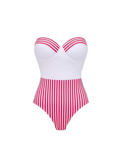 Candy Stripe One-Piece Bikini Swimsuit by Swimwears on sale; white top with pink stripes and pink-striped bottoms
