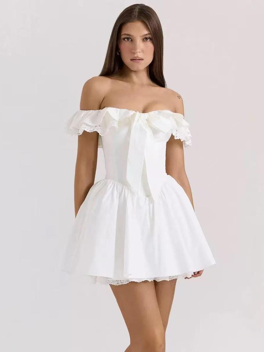 Vintage Rose Off-Shoulder Bow Mini Dress, white, Exclusives, Dresses On Sale