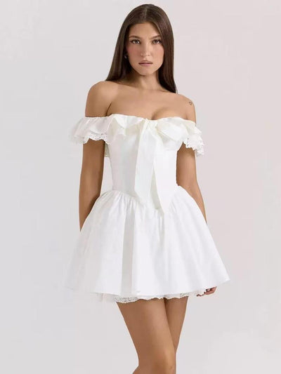 Vintage Rose Off-Shoulder Bow Mini Dress, white, Exclusives, Dresses On Sale