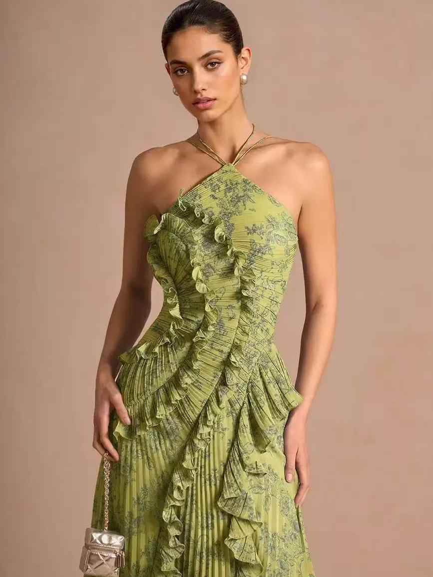 Elodie Pleated Ruffle Halter High-Low Printed Dress