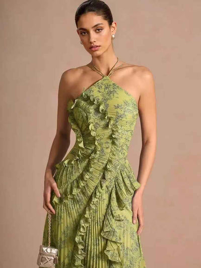 Elodie Pleated Ruffle Halter High-Low Printed Dress