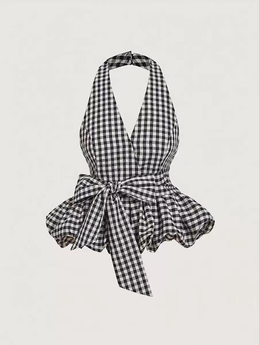 Gingham Print Halterneck Vest Tied Top