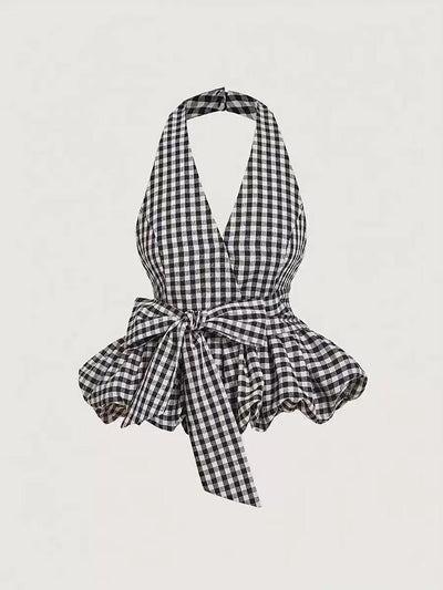 Gingham Print Halterneck Vest Tied Top