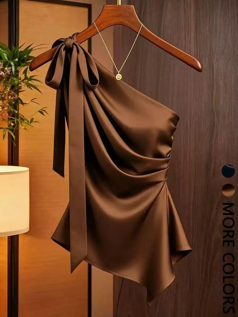 Elara Draped Bow Satin Top, one-shoulder brown satin blouse by EXCLUSIVES