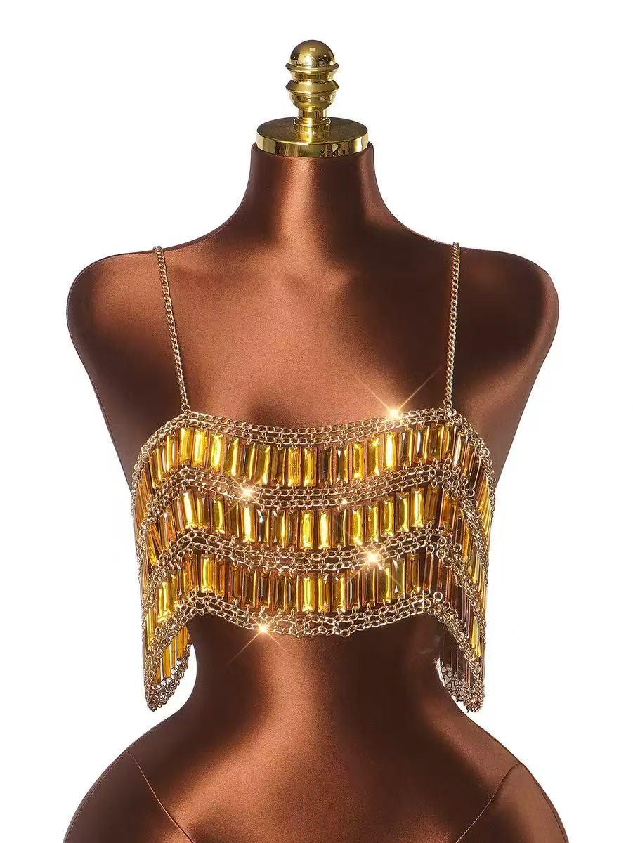 Crystal Luxe Cascade Bralette Top, gold-tone chain fringe with crystal beads, Exclusives.