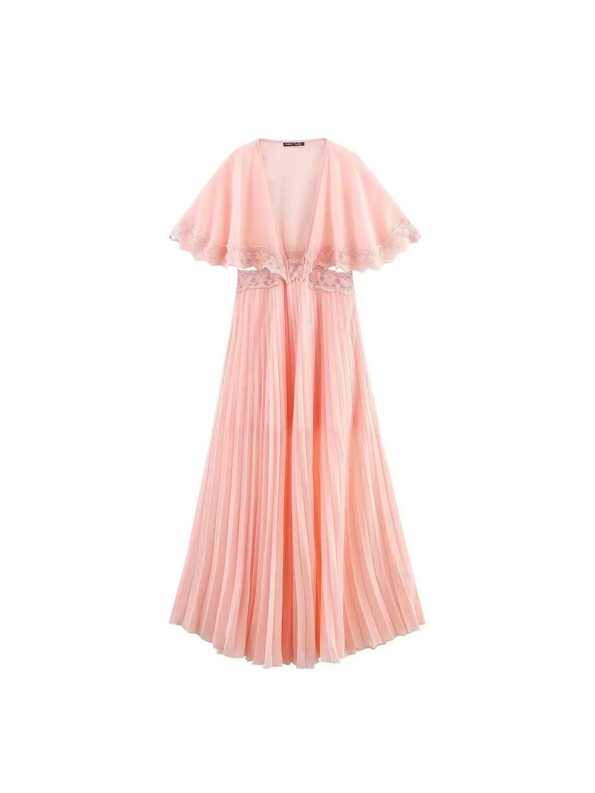 Lace Trim Pleated Cape Sleeve Maxi Dress