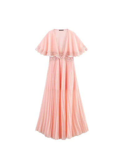 Lace Trim Pleated Cape Sleeve Maxi Dress