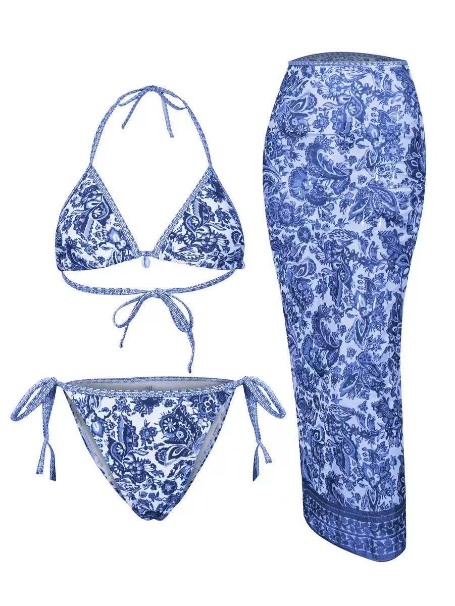 3 Piece Printed Bikini Swimsuit Set With Skirt