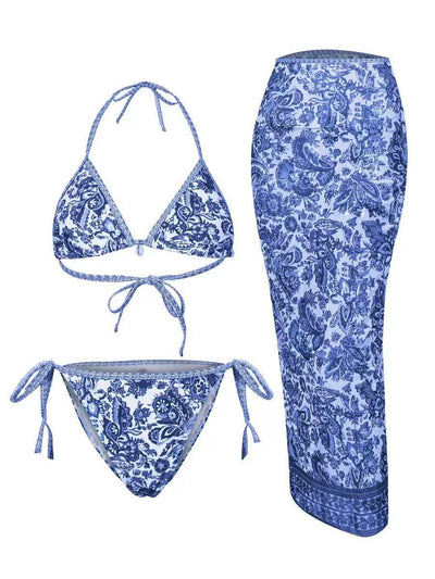 3 Piece Printed Bikini Swimsuit Set With Skirt