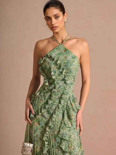 Elodie Pleated Ruffle Halter High-Low Printed Dress