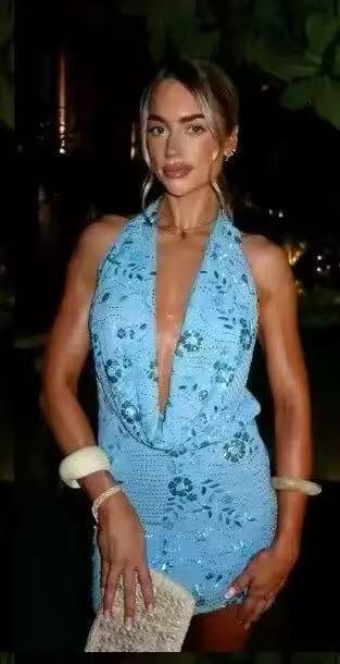 Ibiza Sequin Plunge Halter Mini Dress by EXCLUSIVES, blue sequin halter dress with plunging neckline.