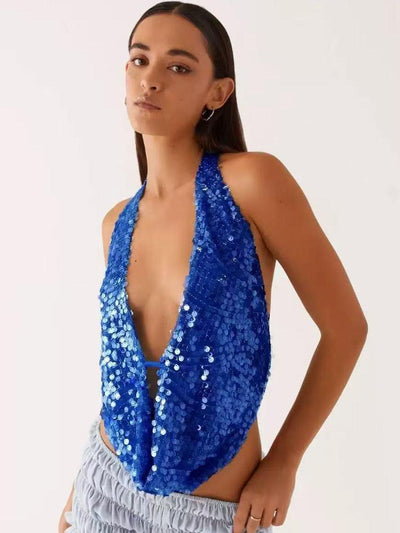 Halterneck Deep Neck Backless Sequins Vest Top by Exclusives, blue sequined tank top