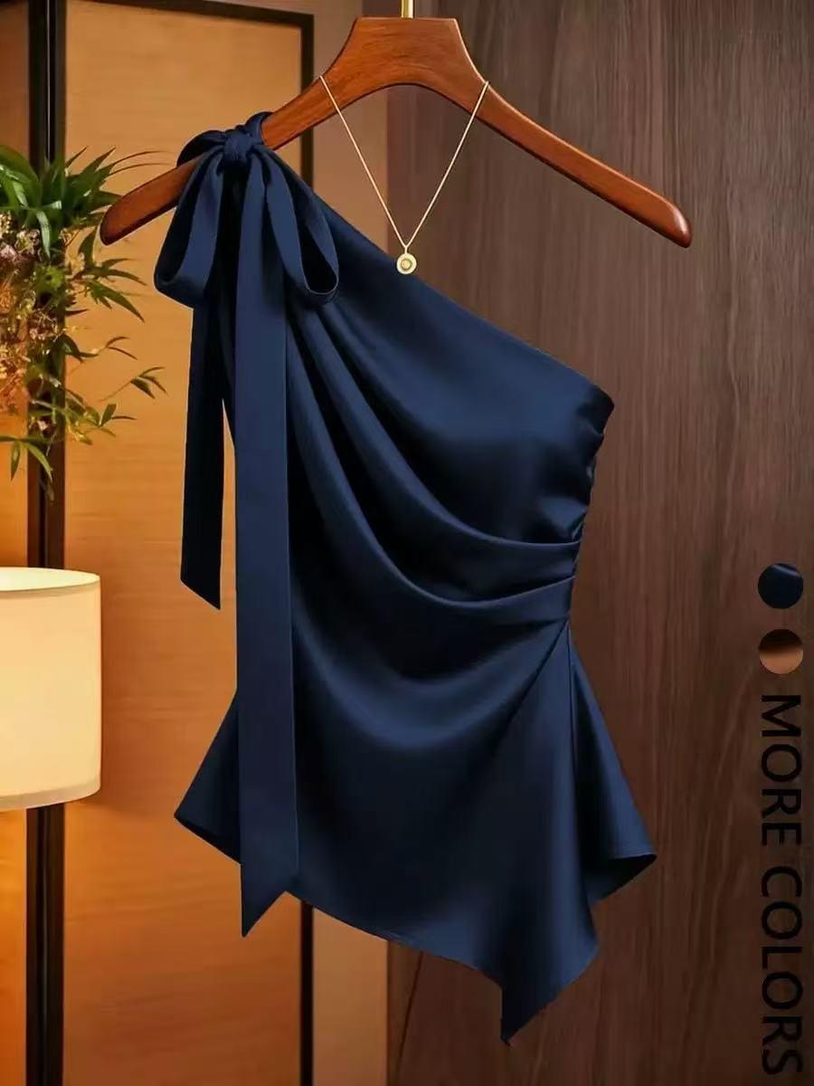Elara Draped Bow Satin Top, navy satin one-shoulder blouse with bow detail, EXCLUSIVES.