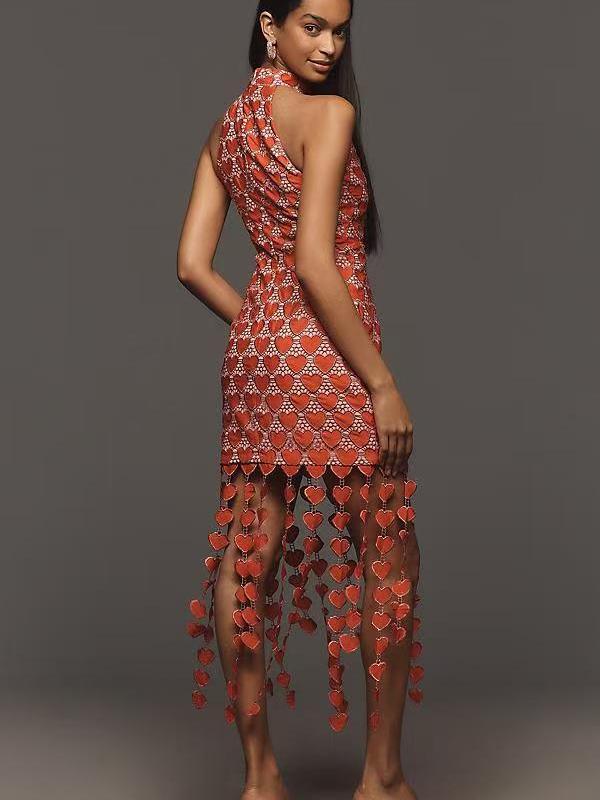 Heart Laser Print Cutout Sleeveless Fringe Midi Dress