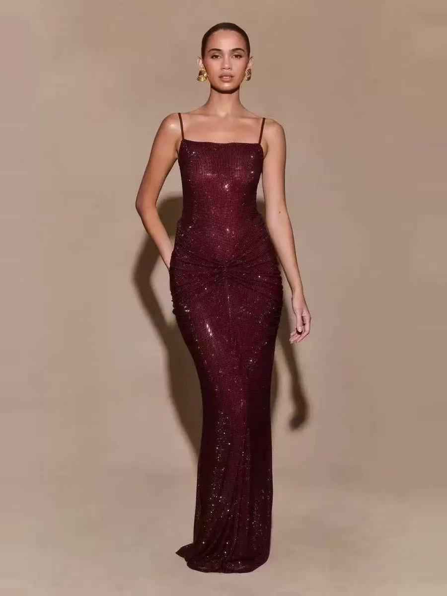 Sparkling Ruched Crystal Maxi Dress