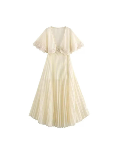 Lace Trim Pleated Cape Sleeve Maxi Dress