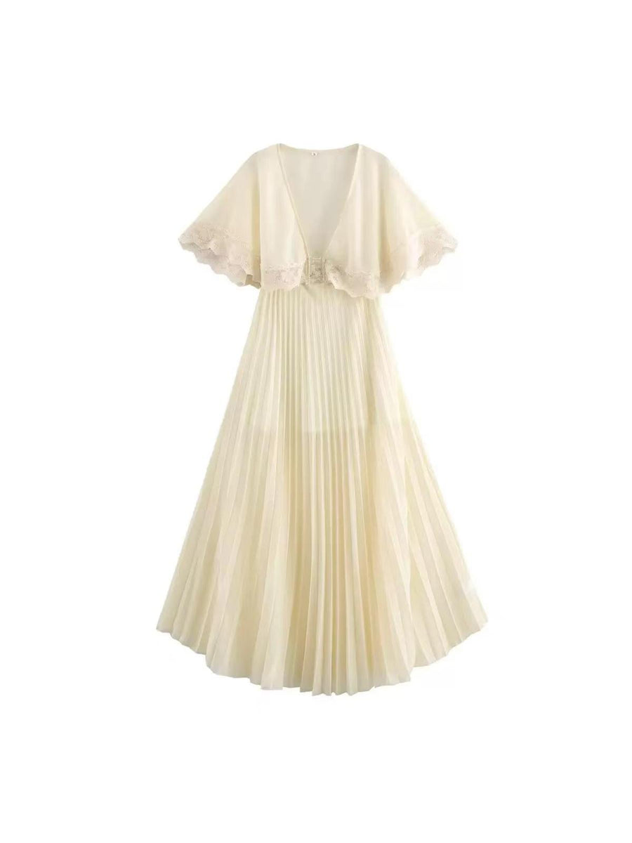 Lace Trim Pleated Cape Sleeve Maxi Dress