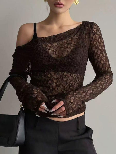 Vesper Off-Shoulder Lace Top by EXCLUSIVES, black lace blouse with sheer long sleeves.