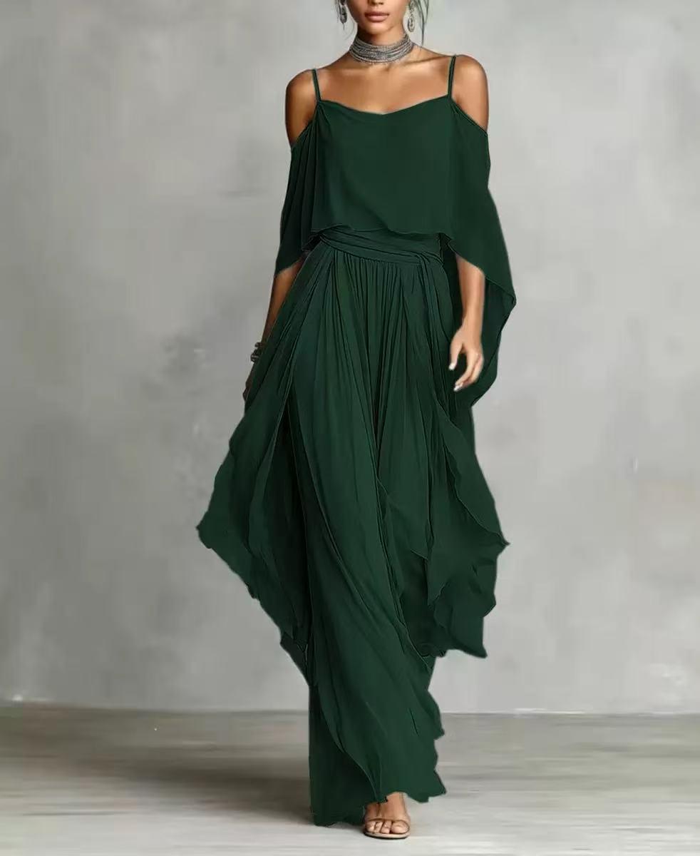 Seraphina Draped Cold-Shoulder Co-ord Set emerald green with flowing draped top and wide-leg pants