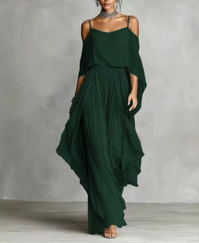 Seraphina Draped Cold-Shoulder Co-ord Set emerald green with flowing draped top and wide-leg pants