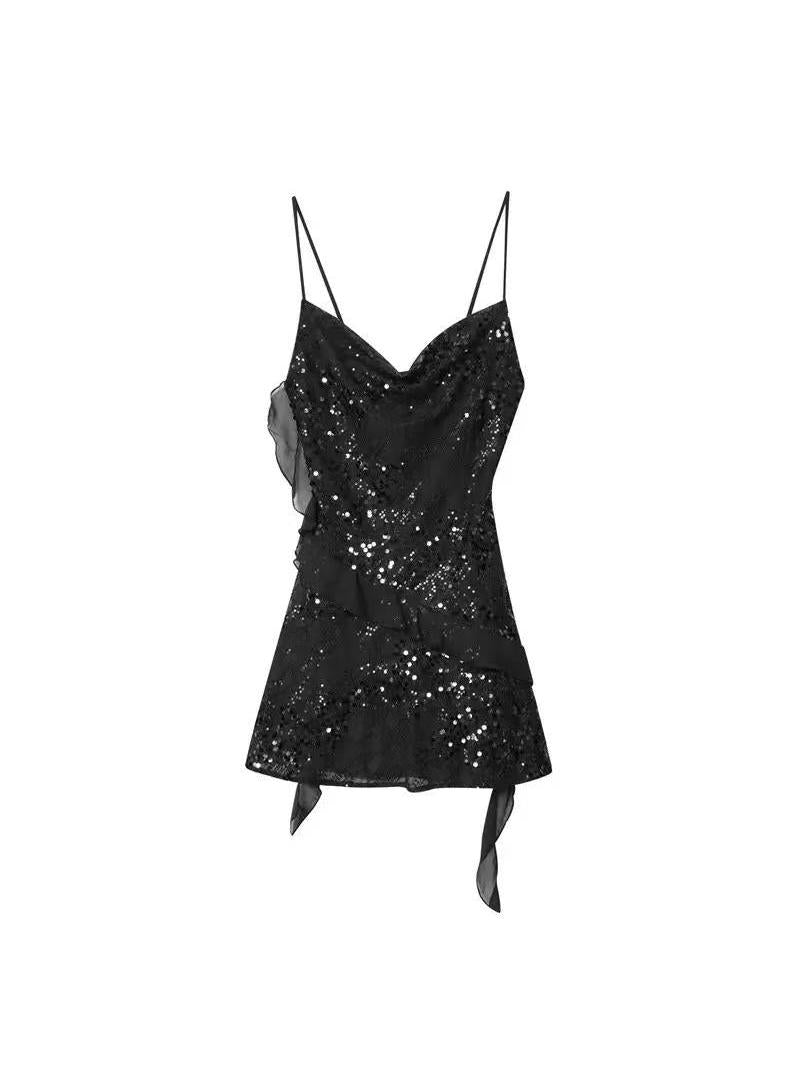 White  Asymmetric Ruffle Sequins Short Dress