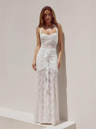 Blush lace halter maxi dress on sale, ruched bodice and full lace skirt