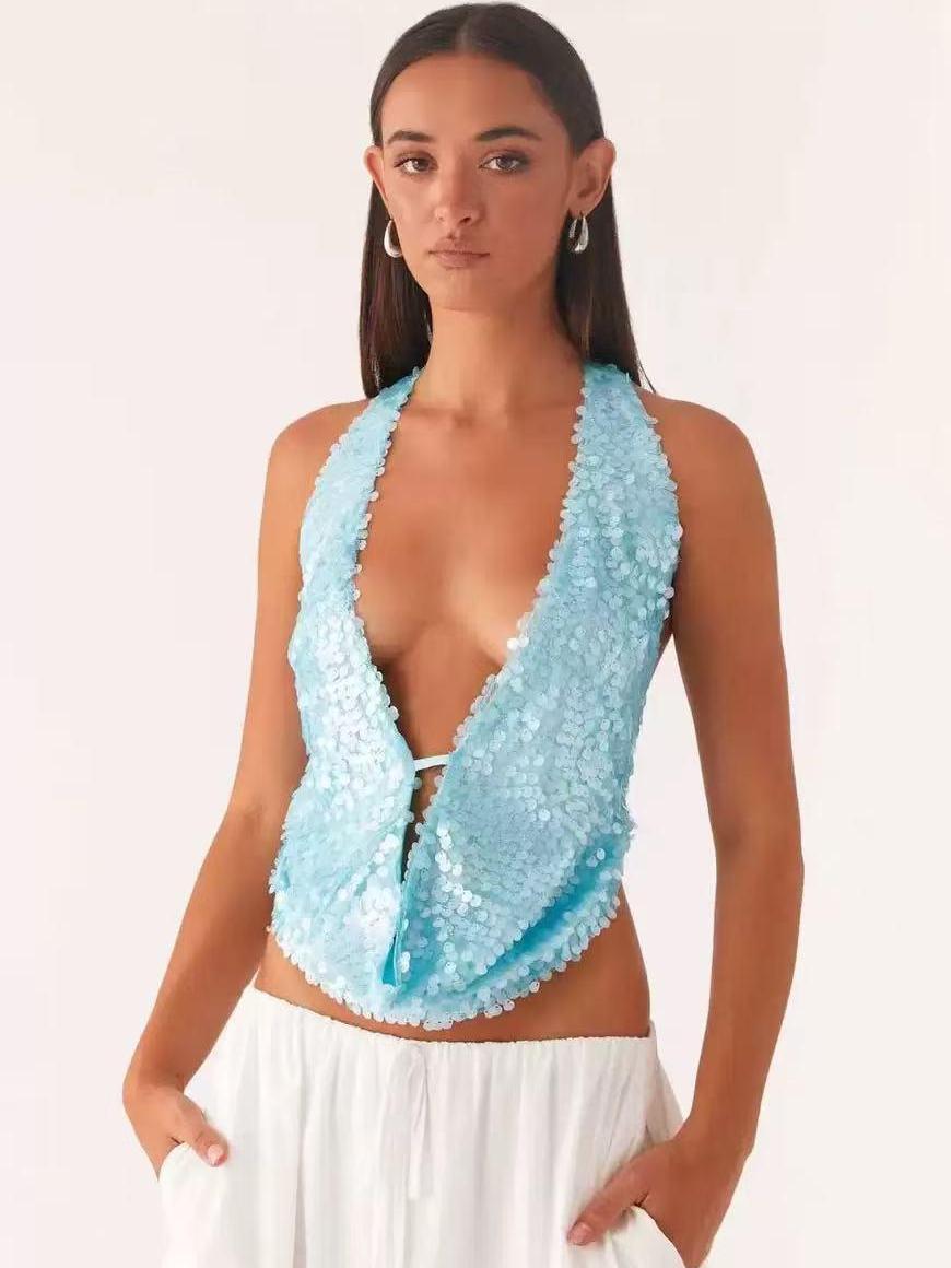 Halterneck deep-neck backless sequin vest top in light blue from Exclusives