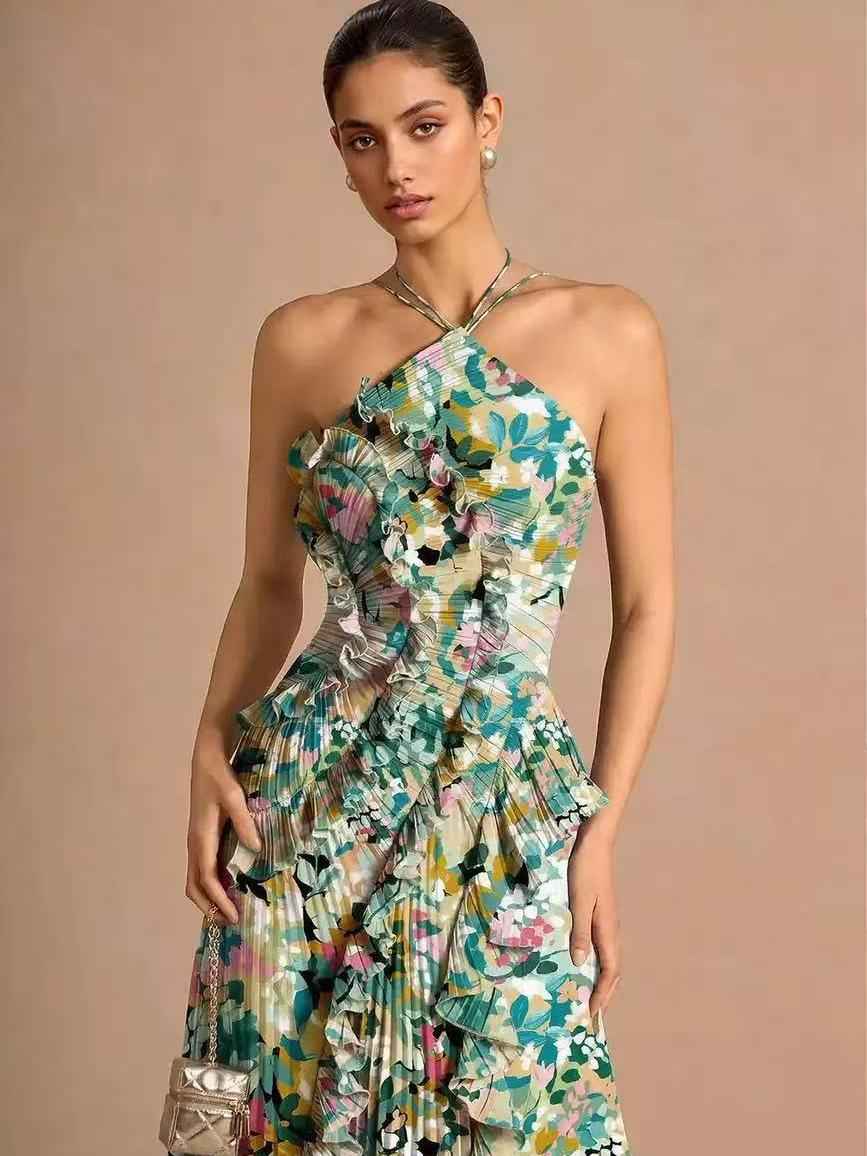 Elodie Pleated Ruffle Halter High-Low Printed Dress
