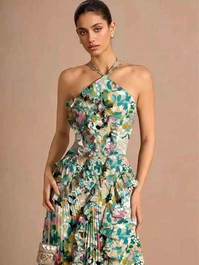 Elodie Pleated Ruffle Halter High-Low Printed Dress