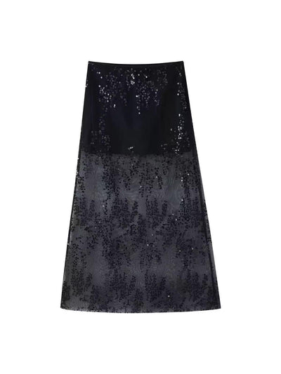 Ombre Sequin Sheer Maxi Skirt in black/plum gradient, Exclusives brand, on sale.