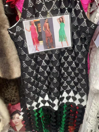 Heart Laser Print Cutout Sleeveless Fringe Midi Dress