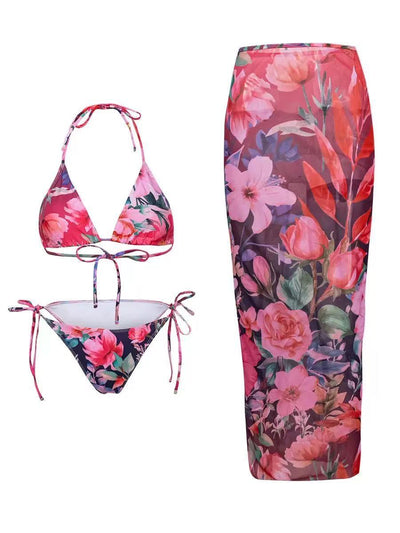 3 Piece Printed Bikini Swimsuit Set With Skirt