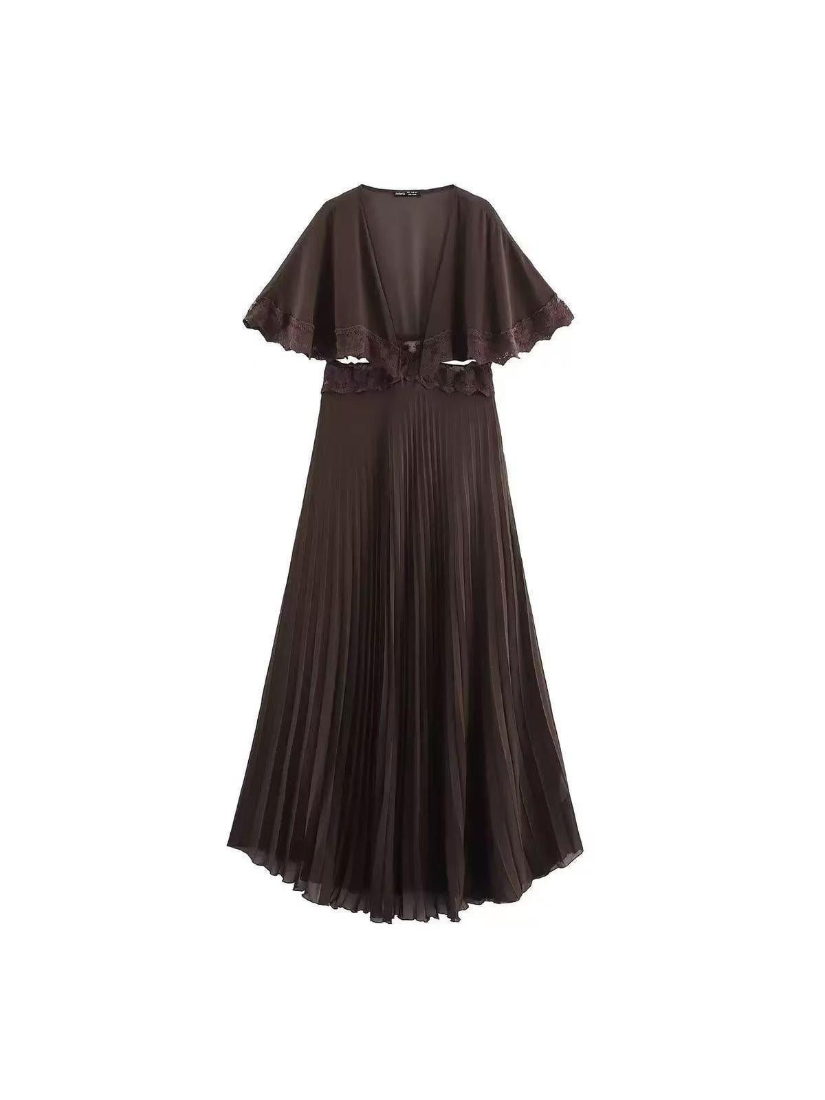 Lace Trim Pleated Cape Sleeve Maxi Dress