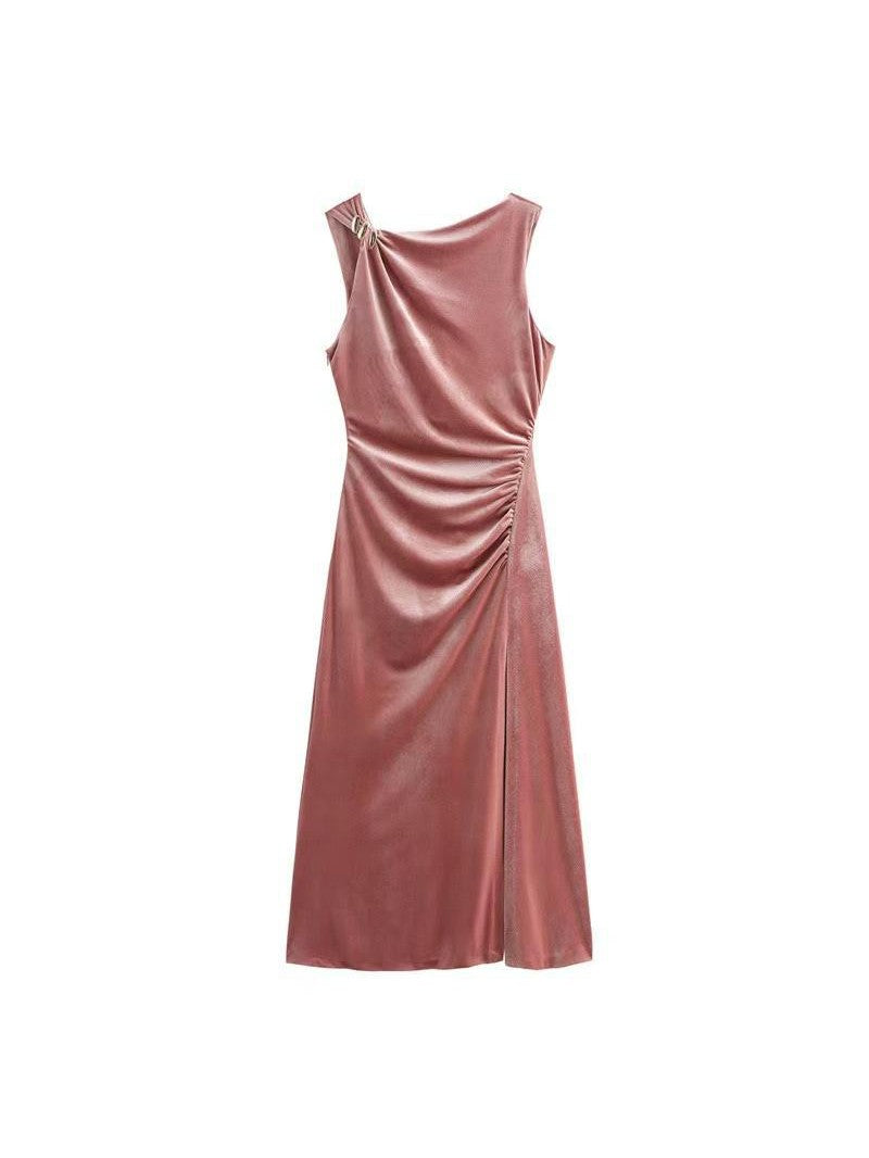 Ring Applique Ruched Slit Midi Dress