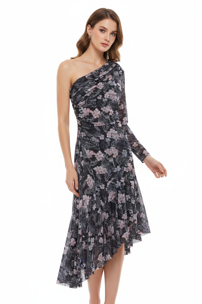 Floral Print One Shoulder Asymmetric Midi Dress in black with pink flowers