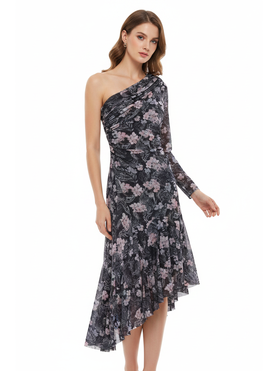 asymmetric ruffle floral printed one shoulder evening dress Long Print Ruffled Formal Dress: Mac Duggal 56120 Black Multi / 2