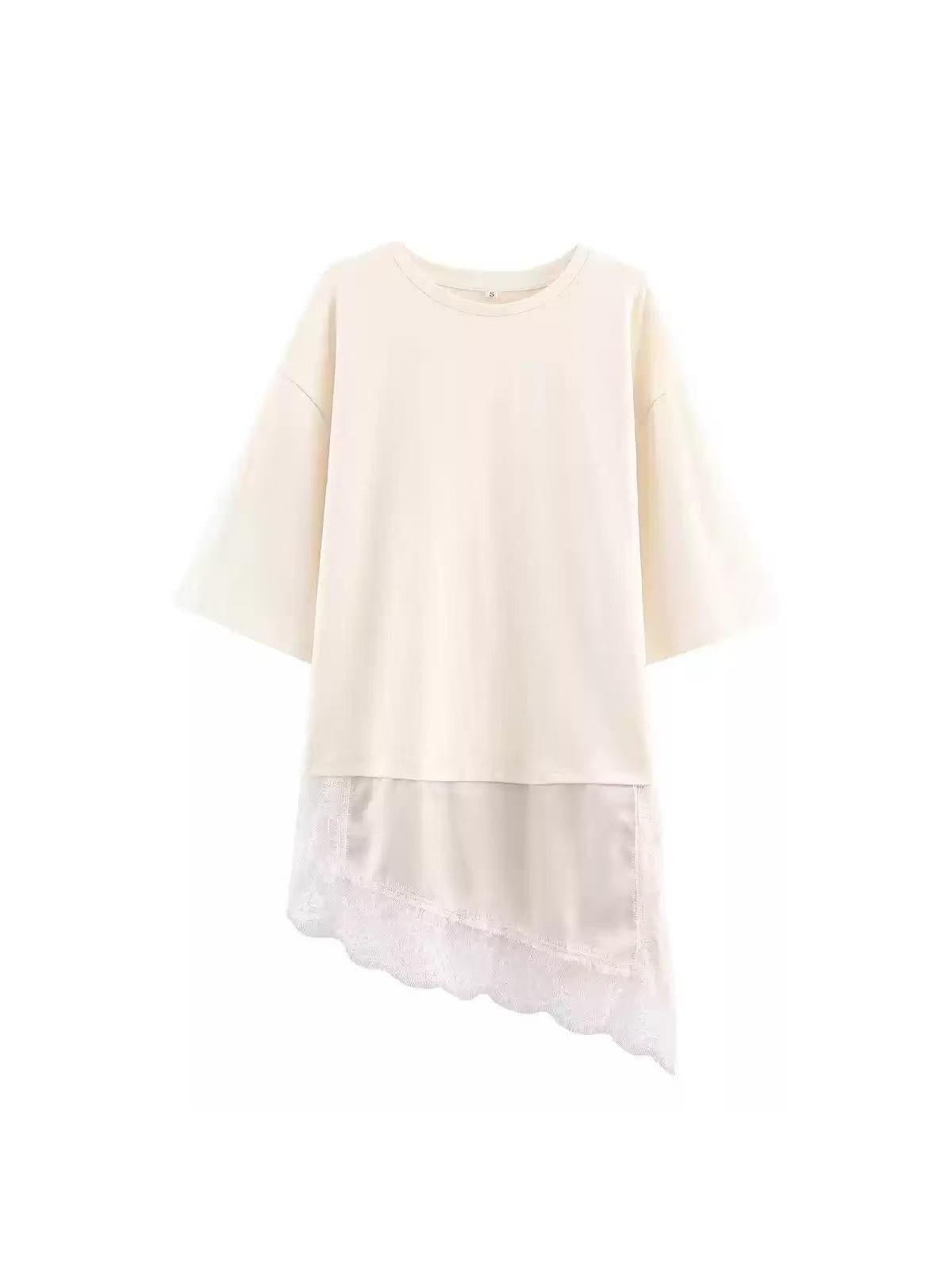 Top Exclusives ivory asymmetric-hem T-shirt with lace hem panel
