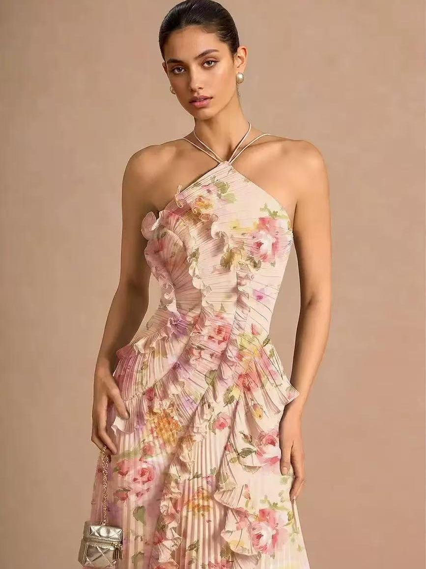 Elodie Pleated Ruffle Halter High-Low Printed Dress by Exclusives in pink floral print