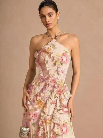 Elodie Pleated Ruffle Halter High-Low Printed Dress by Exclusives in pink floral print