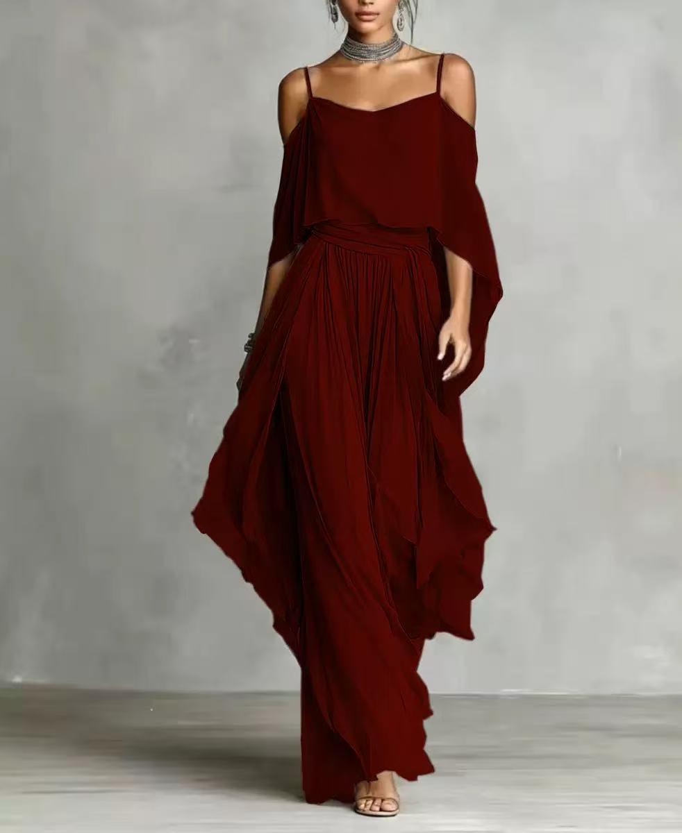 Seraphina Draped Cold-Shoulder Co-ord Set by EXCLUSIVES in burgundy with a flowing draped top and maxi skirt