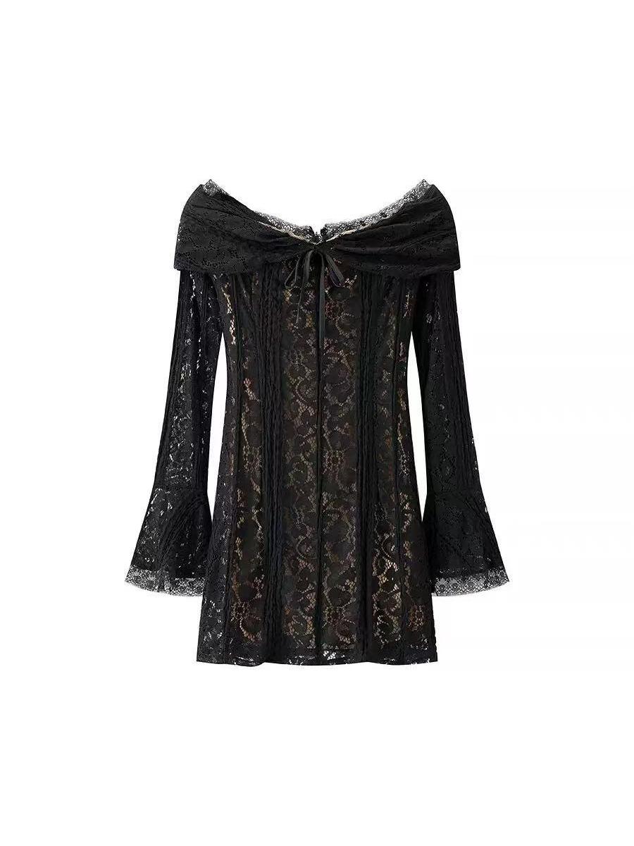 Off Shoulder Bell Sleeves Floral Lace Short Dress