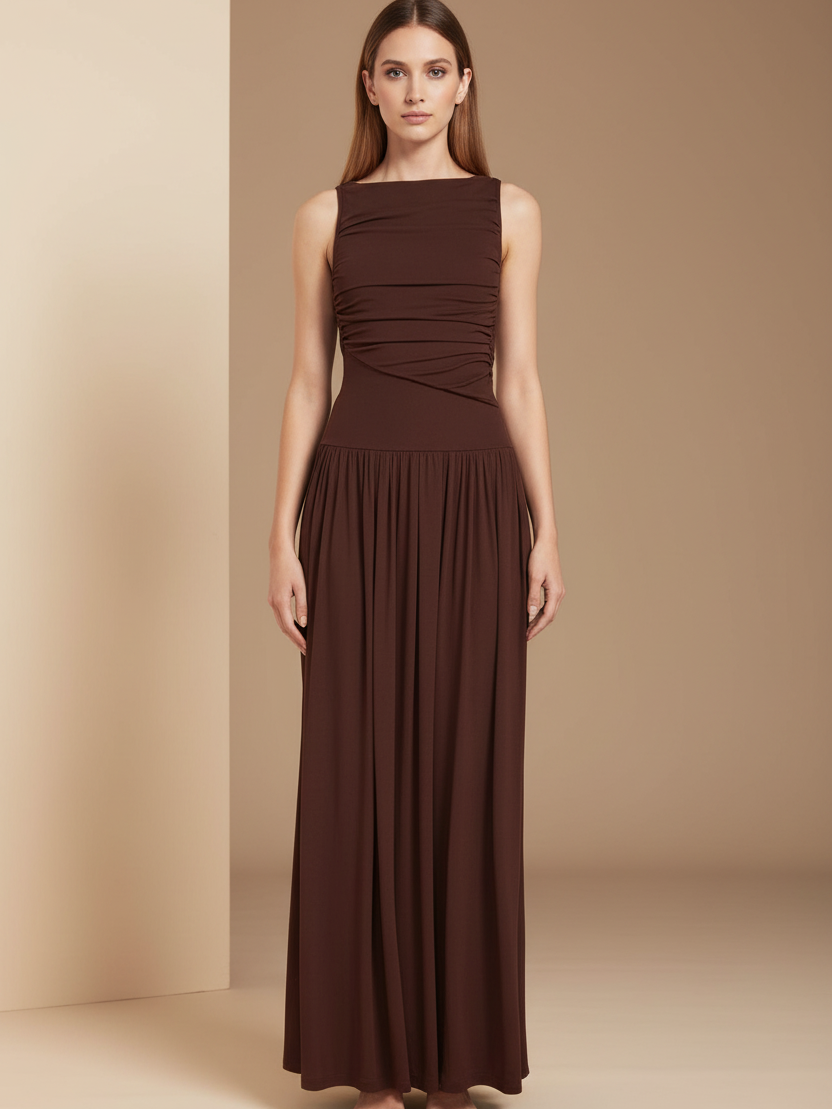 Sleeveless ruched maxi dress by EXCLUSIVES in brown, floor-length, on sale, dresses.