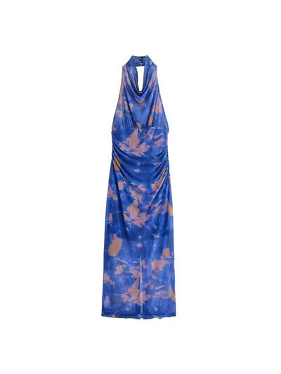Ombre Print Halter Cowl Neck Maxi Dress