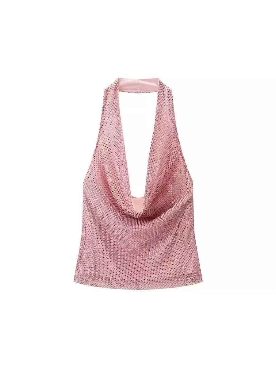 Pink rhinestone mesh deep-cowl halter top by Exclusives, on sale, tank top.