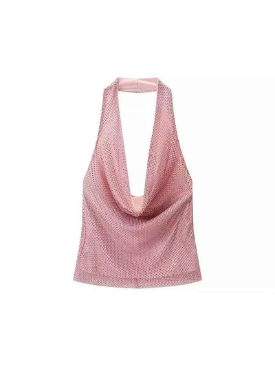Pink rhinestone mesh deep-cowl halter top by Exclusives, on sale, tank top.