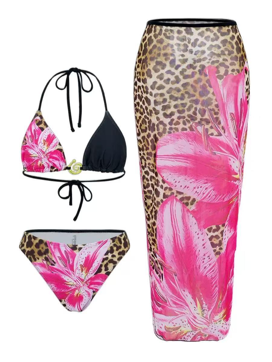 3 Piece Printed Bikini Swimsuit Set With Skirt