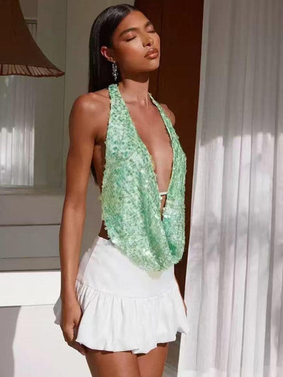Exclusives halterneck deep-neck backless sequin vest top in mint green, tank top