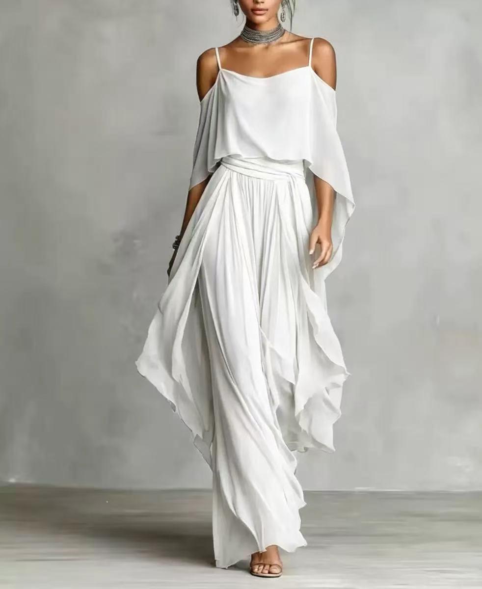 Seraphina Draped Cold-Shoulder Co-ord Set in white with flowing top and wide-leg skirt